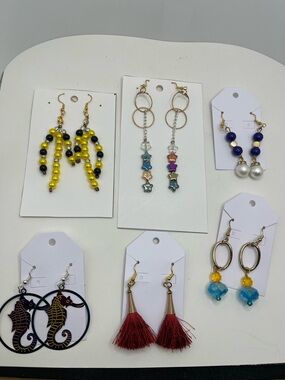 Yellow and Black Beaded Dangle Earrings - Women's Fashion Jewelry 6 pairs